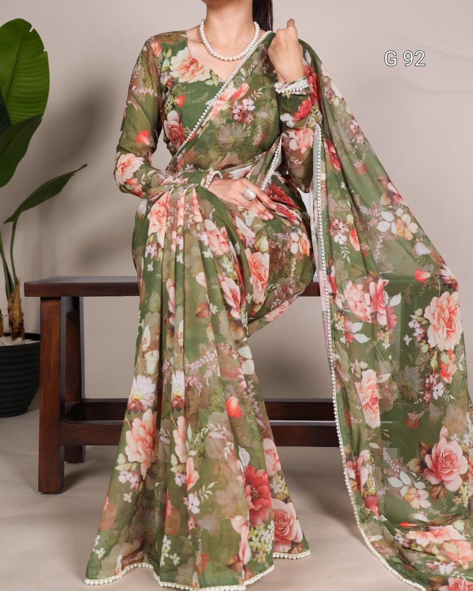 Floral dress with long sleeves and matching scarf on a neutral background