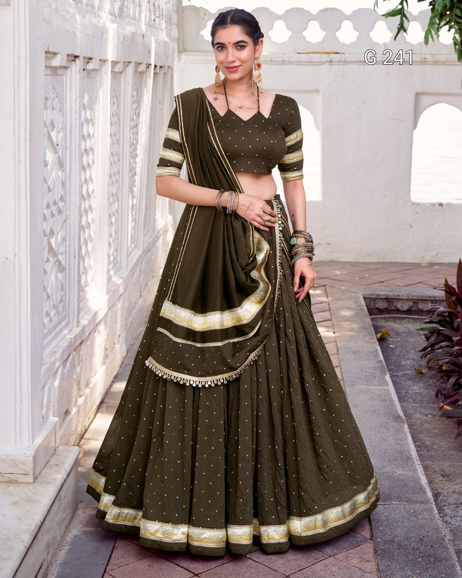 Zari Weaving Pure Chanderi Lehenga with Embossed Design Lace – G 241