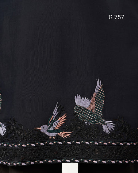 Navy Blue fabric with embroidered birds on a dark background