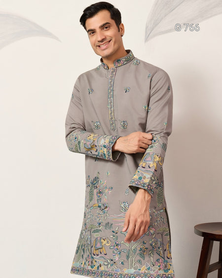 Man wearing a gray embroidered kurta against a white background