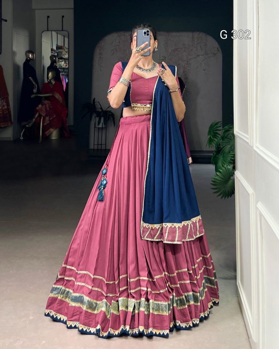 Dark Pink Pure Rayon Lehenga with Lace & Mirror Work – G 302