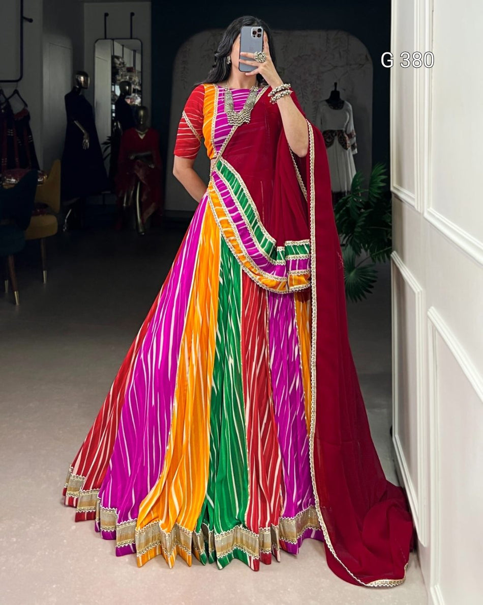 Multi Georgette Lehenga with Leheriya Print & Lace Work – G 380