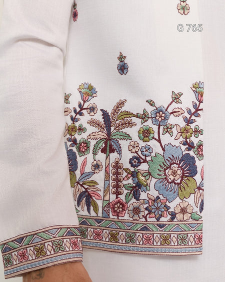 Close-up of a garment with intricate floral embroidery on a plain background