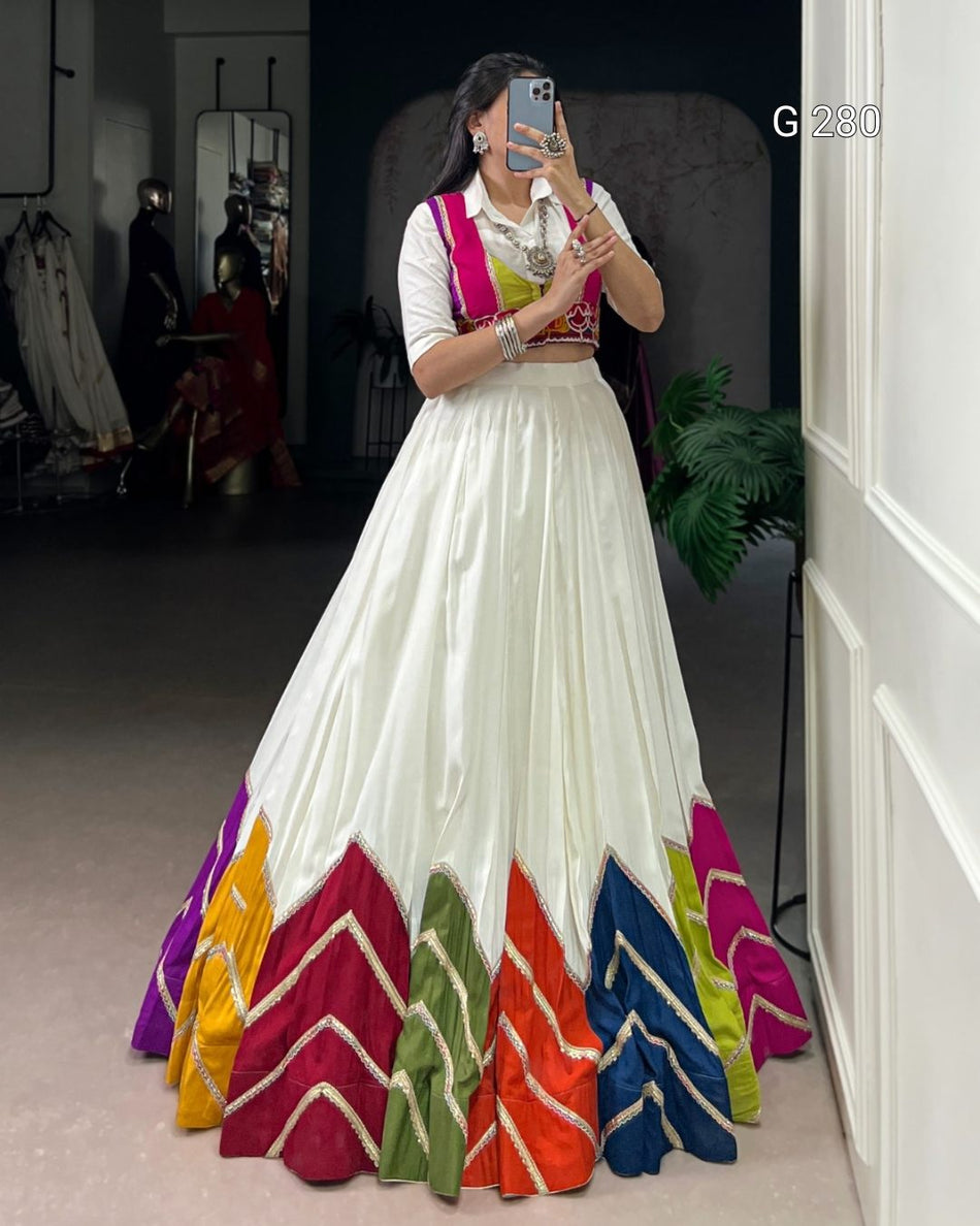 Multi Colour Patch Rayon Lehenga with Plain Shirt & Gamthi Koti – G 280