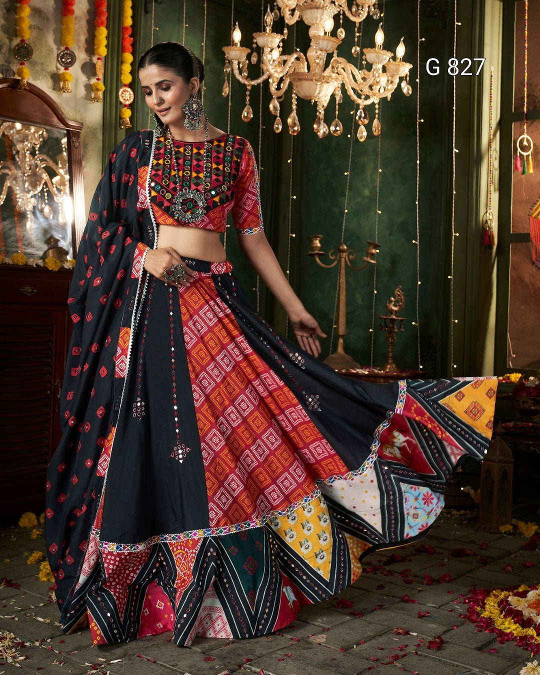 Woman in a colorful traditional outfit with a decorative background