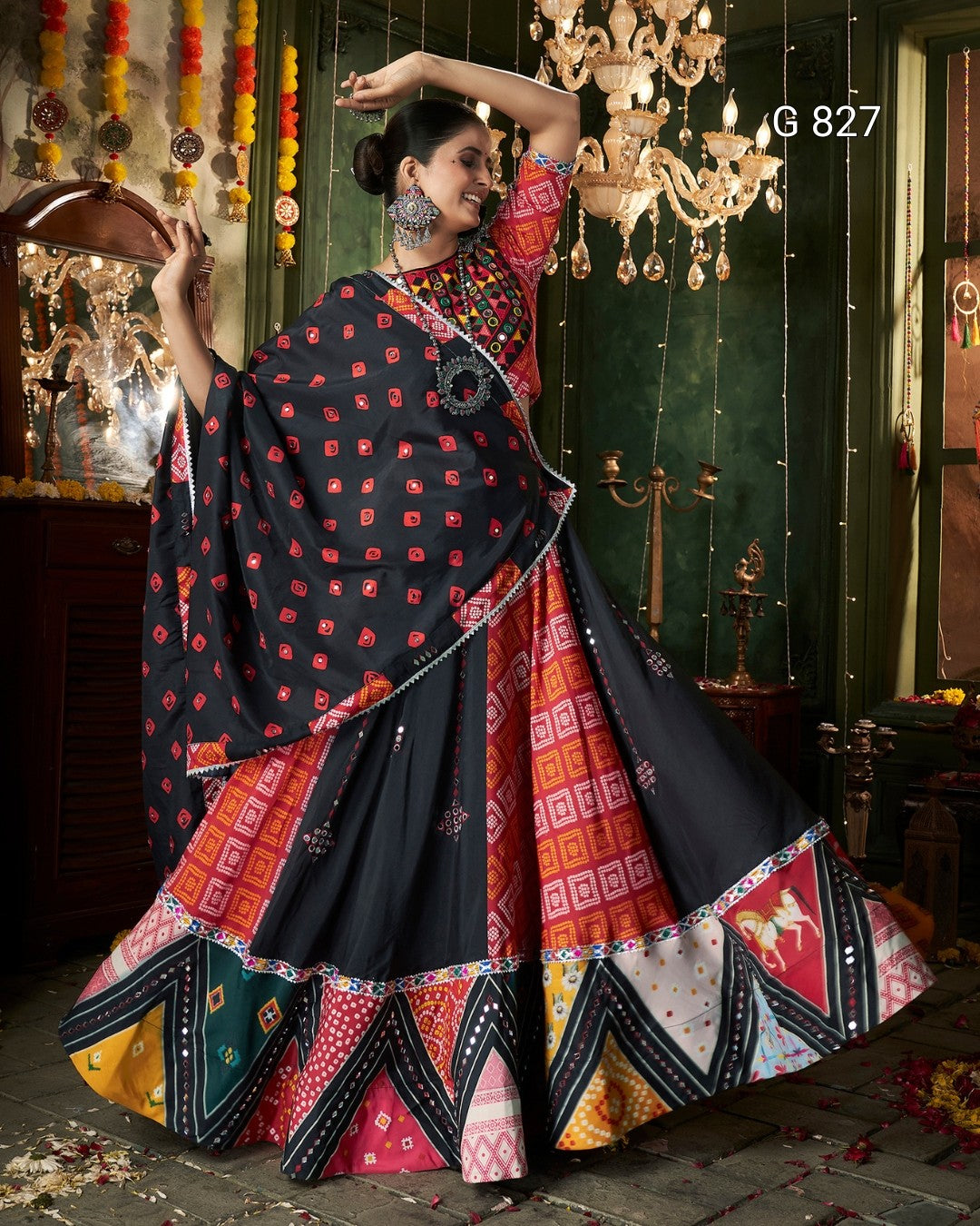 Woman in a colorful traditional outfit with a patterned background