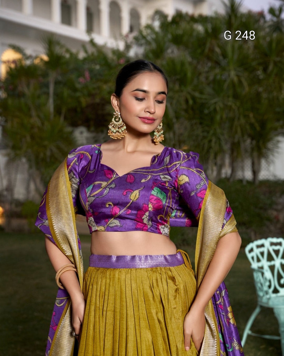 Kalamkari Printed Dola Silk Lehenga with Zari Weaving Border – G 248
