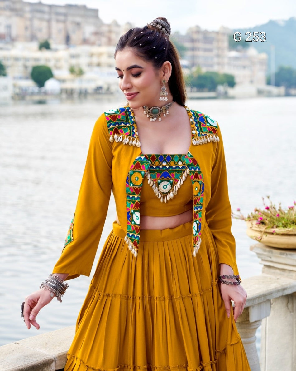 Plain Pure Rayon Lehenga with Original Mirror Gamthi Work – G 253