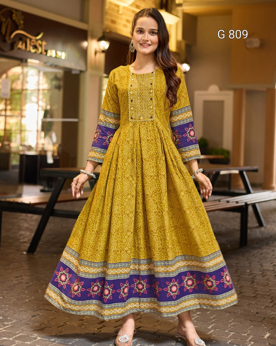 Printed Rayon Anarkali Dress with Elegant Embroidery G 809
