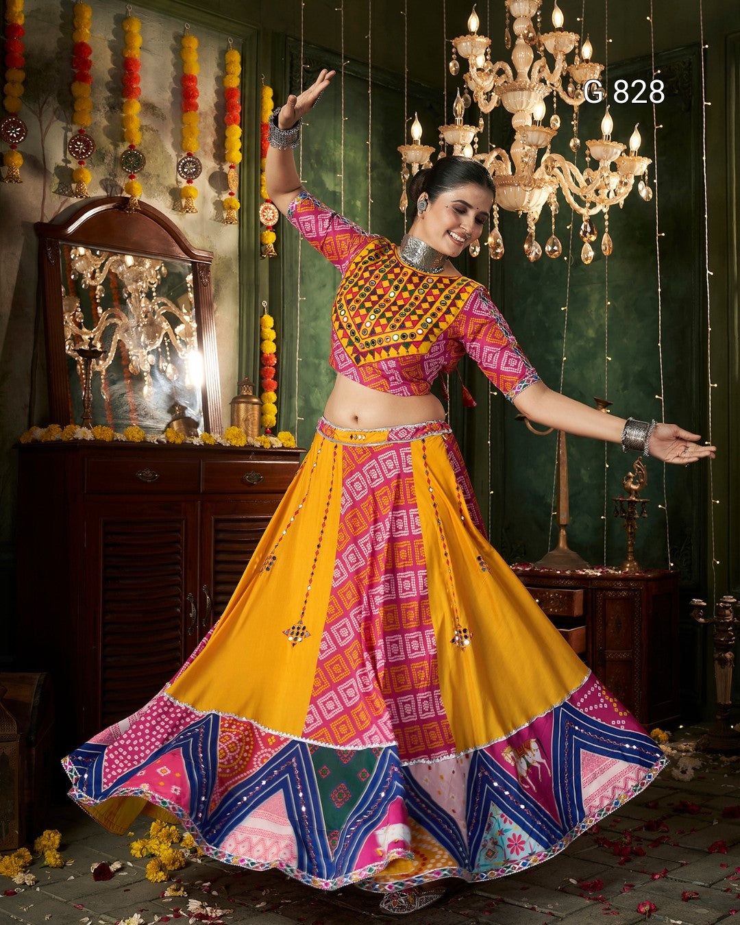 Woman in a colorful traditional outfit dancing in a decorated room with chandeliers.