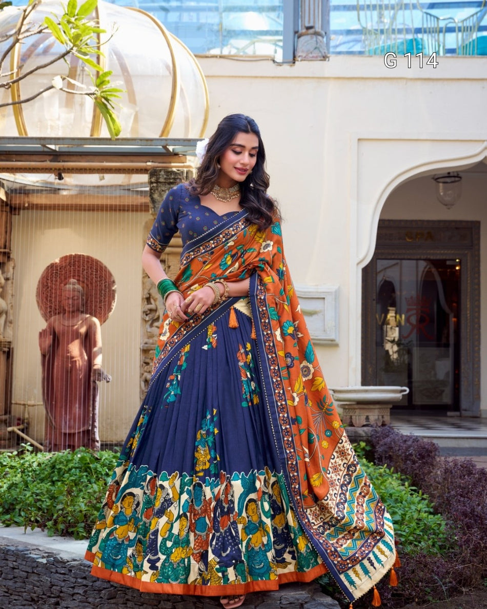 Tussar Silk Lehenga with Foil Work & Kalamkari Print Dupatta – 114
