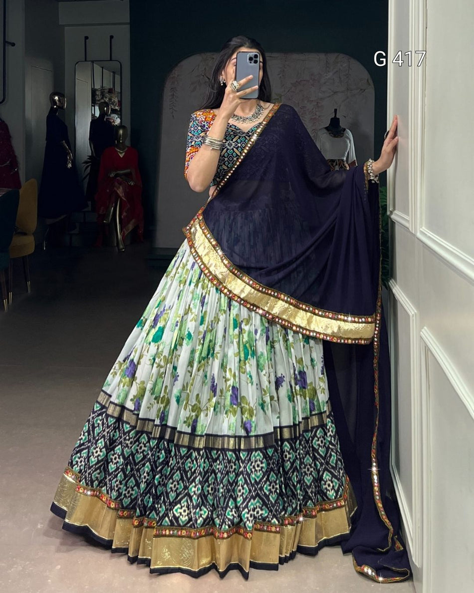 Tasar Silk Lehenga with Foil & Embossed Design Lace – G417