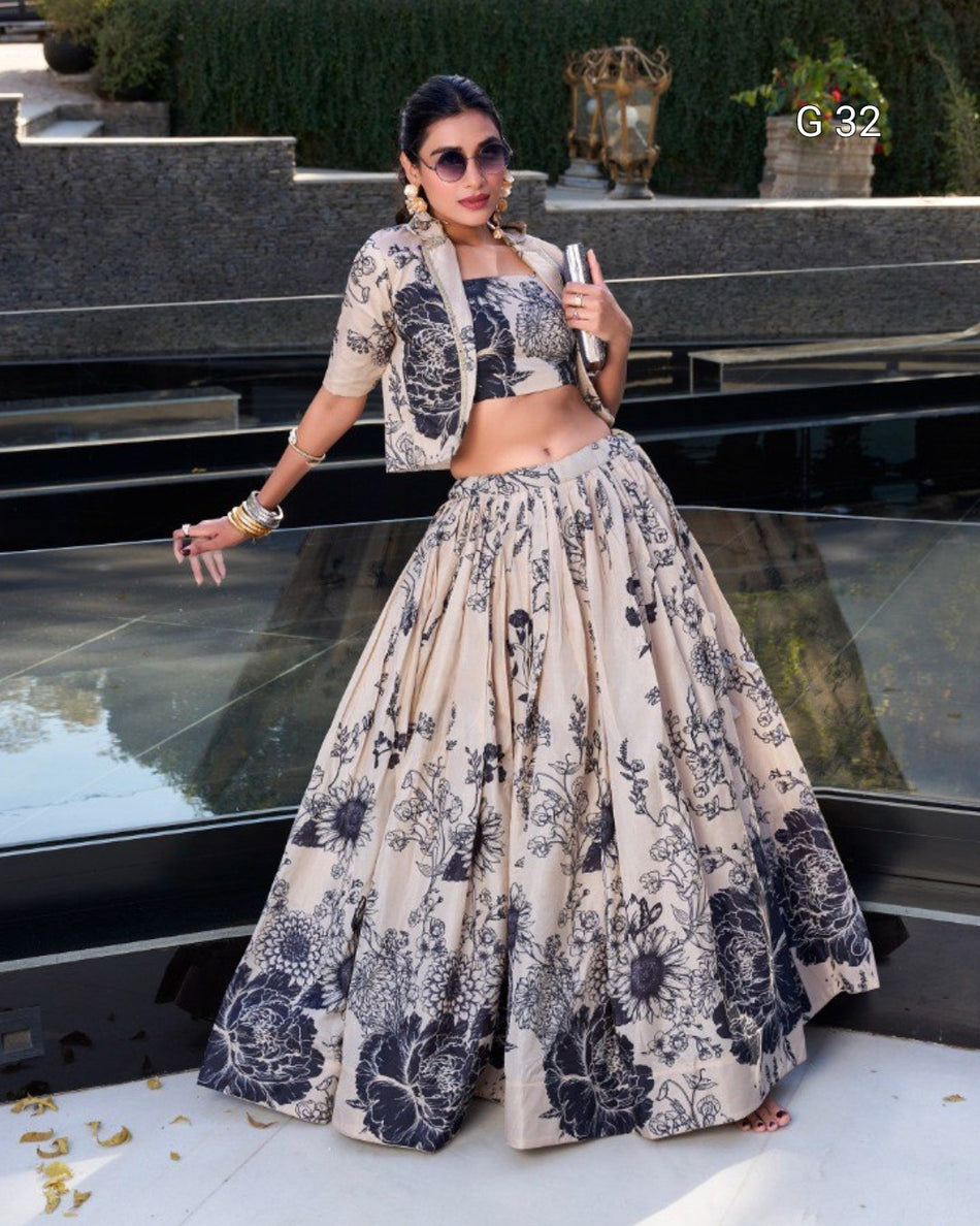 Floral Print Tussar Silk Lehenga – G 32