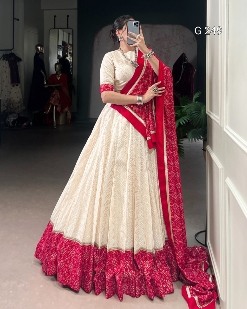 Zigzag & Bandhej Print Cotton Lehenga with Sequins Lace Touch Up – G 249