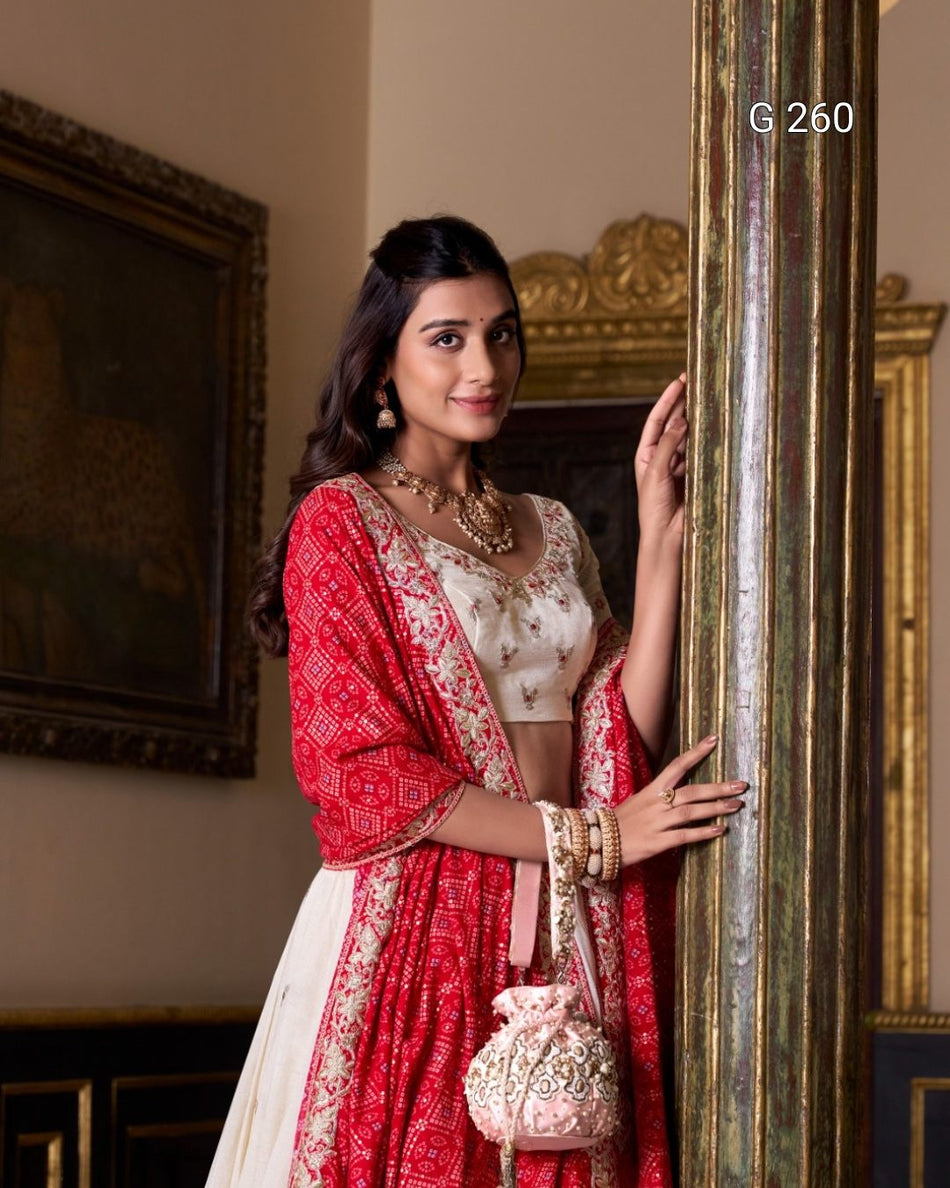 Sequins & Thread Embroidery Vichitra Silk Lehenga with Bandhej Print Dupatta – G 260