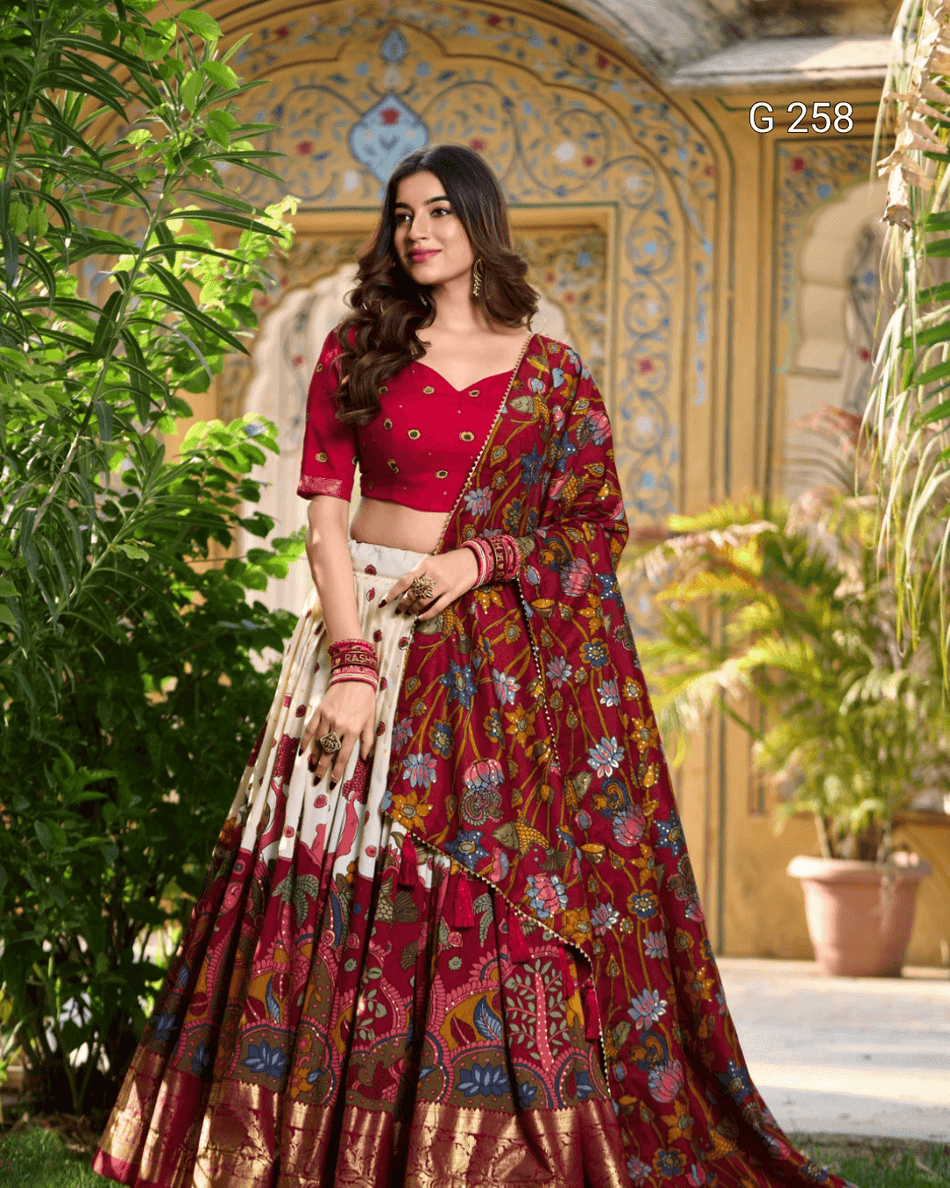 Kalamkari Print Tasar Silk Lehenga with Foil Work Border – G 261