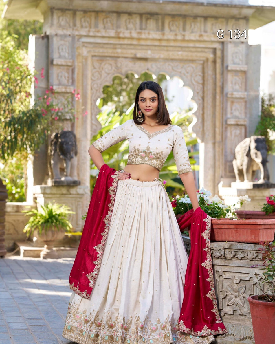Vichitra Silk Sequins & Thread Embroidery Lehenga with Lace Border & Butties – G 134