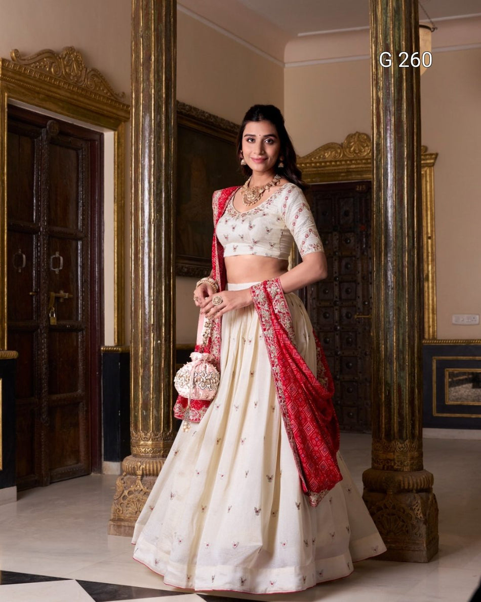 Sequins & Thread Embroidery Vichitra Silk Lehenga with Bandhej Print Dupatta – G 260