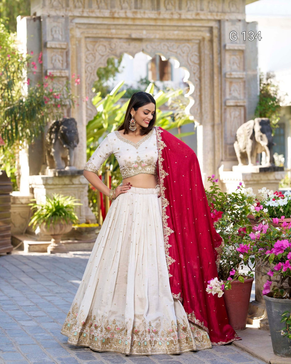 Vichitra Silk Sequins & Thread Embroidery Lehenga with Lace Border & Butties – G 134
