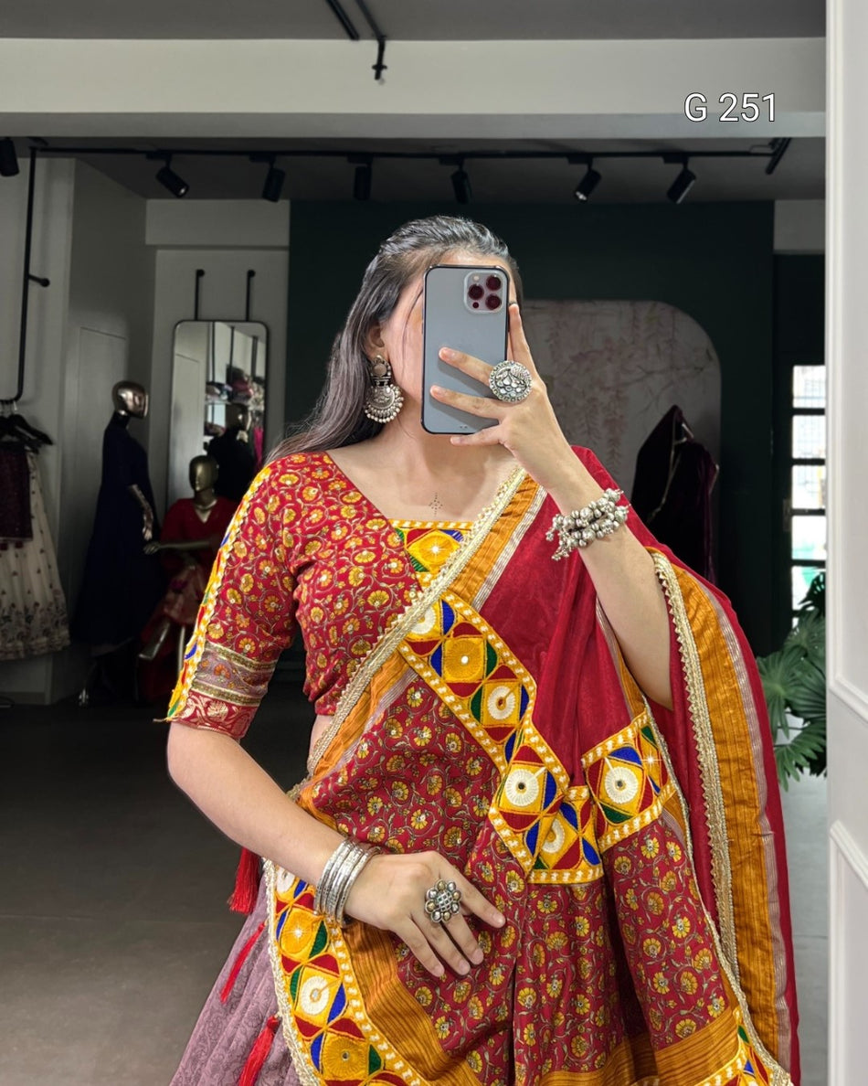 Kashmiri Print & Mirror Gamthi Work Tasar Silk Lehenga – G 251
