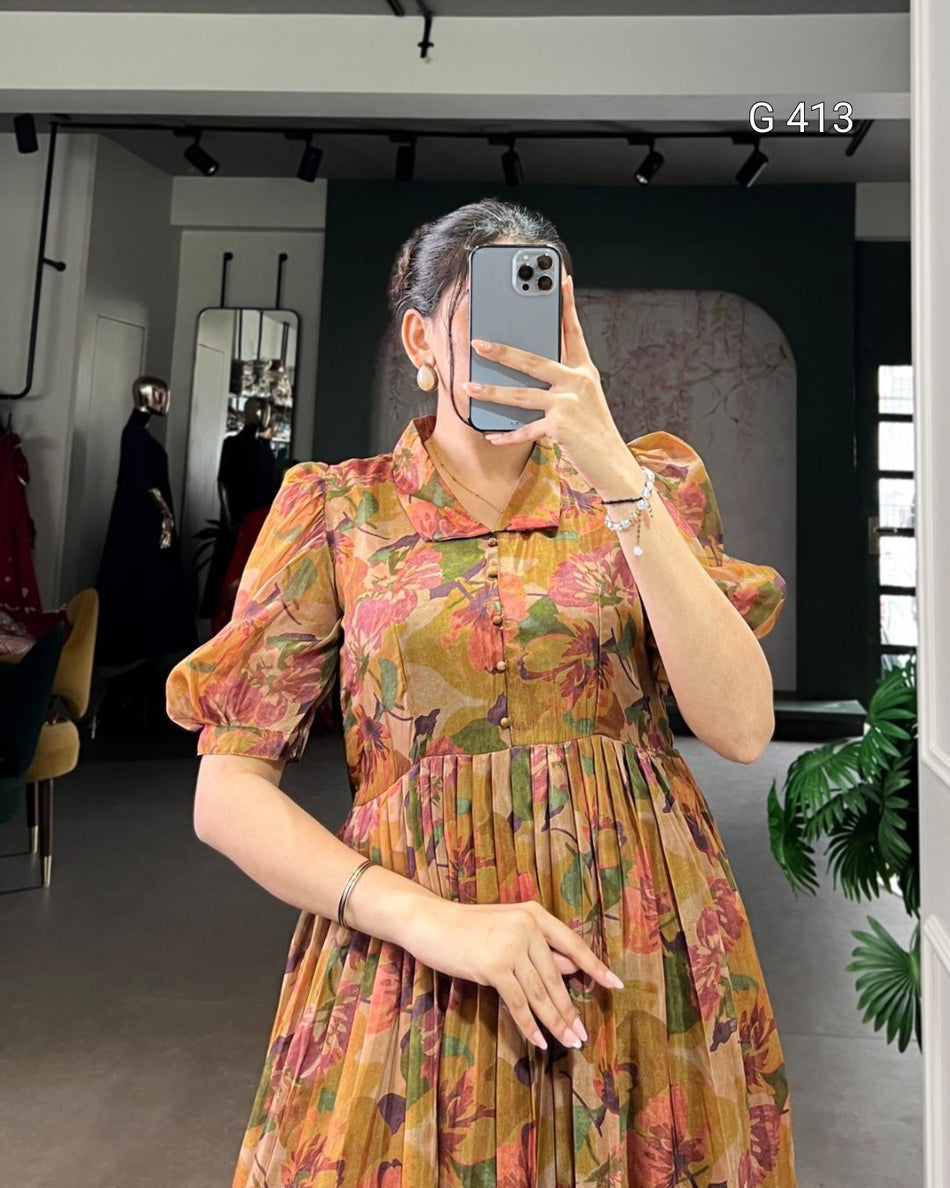 Organza Floral Printed Frock with Micro Crepe Lining – G 413