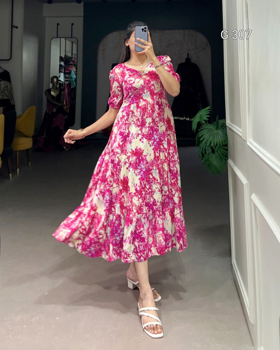 Pink Rayon Frock with Printed Foil Work – G 307