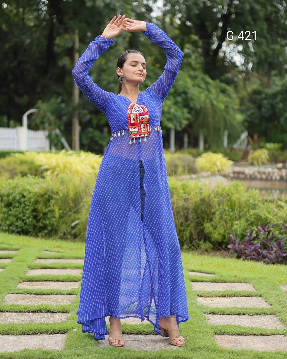 Leheriya Georgette Kurti with Kutchi Patchwork – G 421