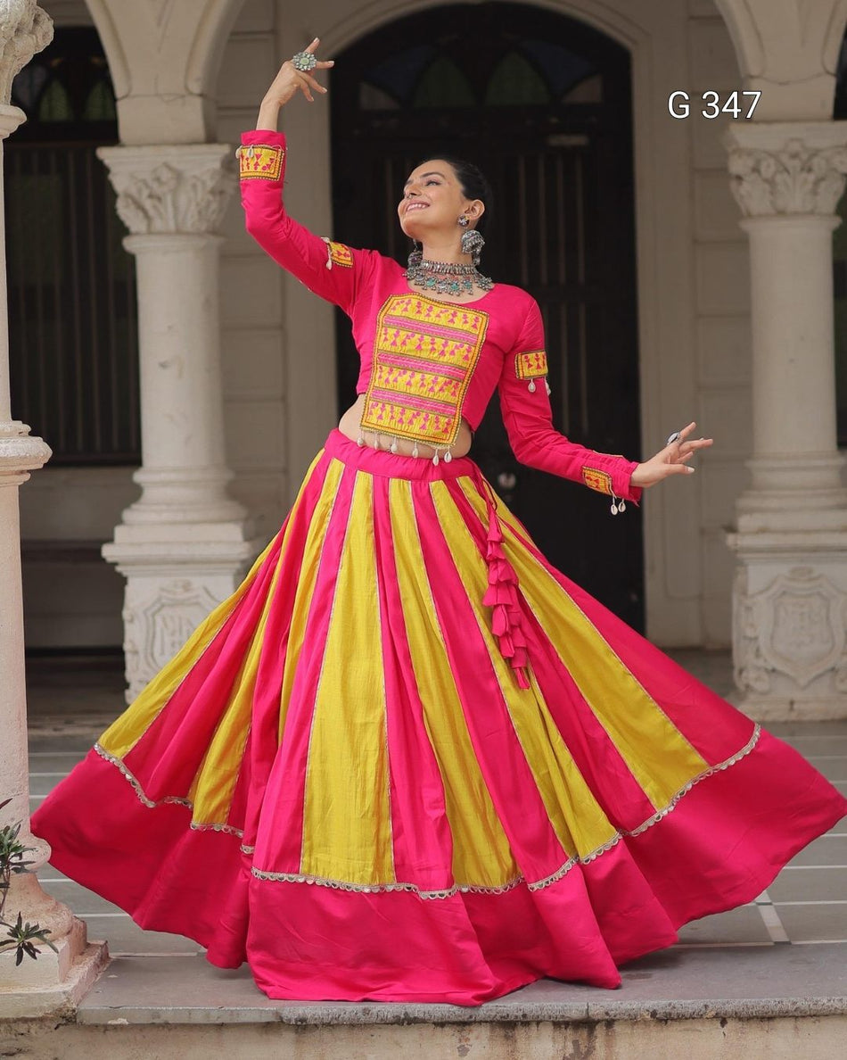Pink Roman Lehenga with Mirror Lace & Thread Embroidery Work - G347