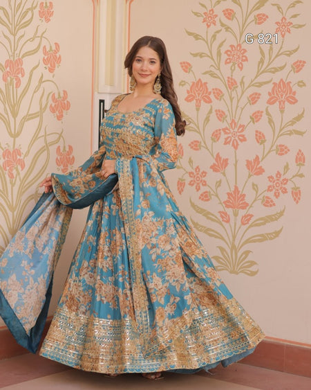 Woman wearing a floral dress with a decorative background