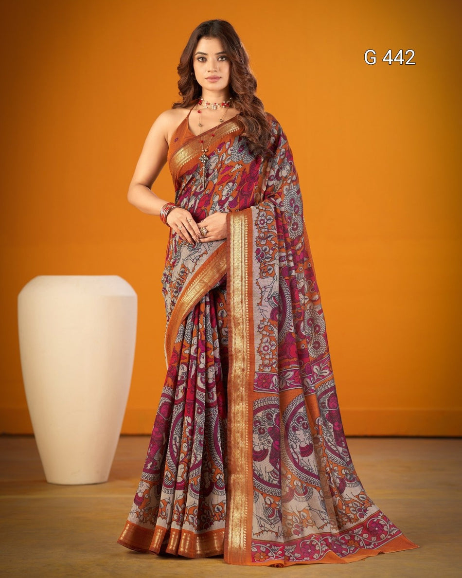 Kalamkari Chanderi Sarees with Shimmering Zari Work - G 442
