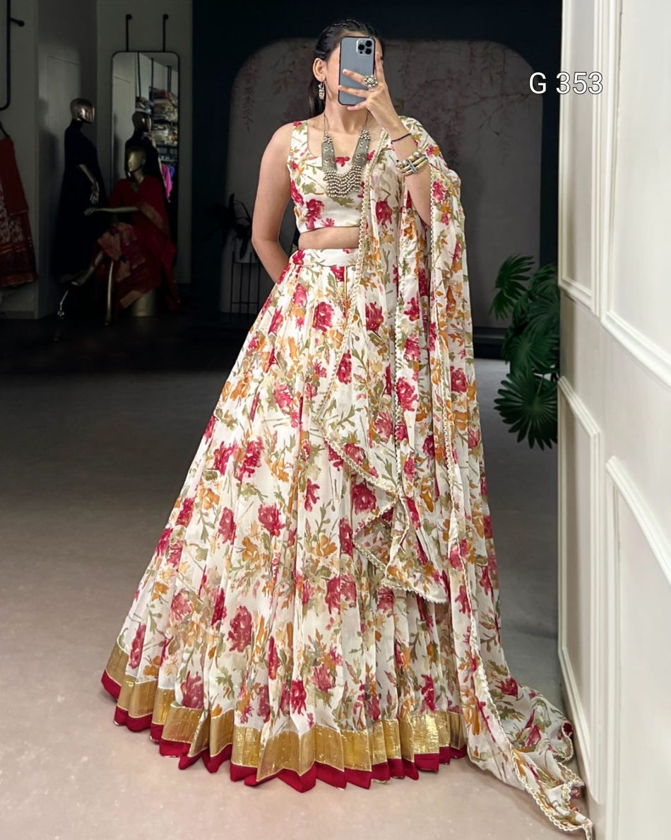 Chiffon Lehenga with Floral & Foil Print – Stitched Set - G353