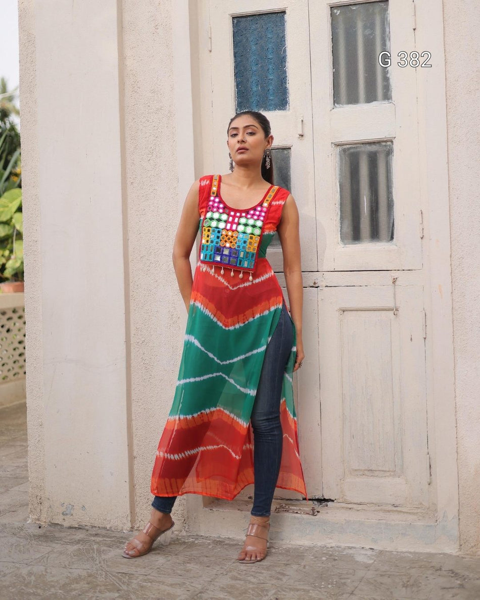 Bandhej Printed Georgette Kurti with Kutchi Gamthi Mirror Work – G 382