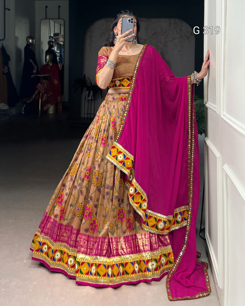 Tasar Silk Lehenga with Foil & Real Mirror Gamthi Work – G319