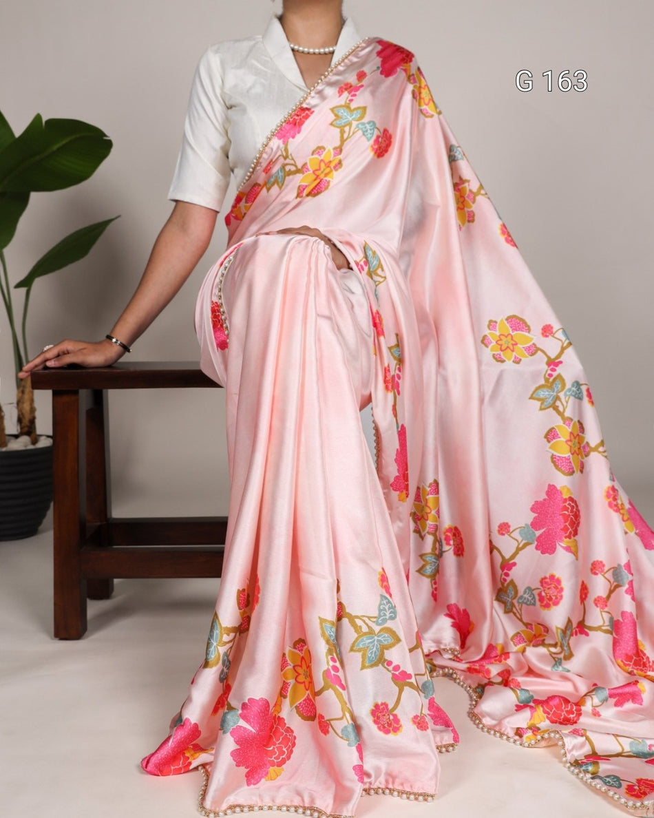 Peach Satin Silk Saree with Floral Print & Pearl Lace Border-G 163
