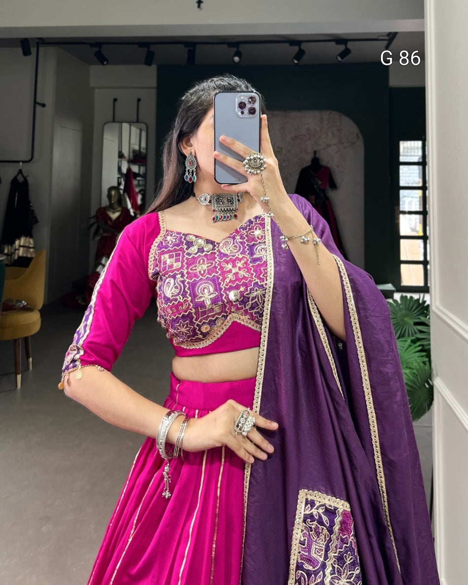 Chanderi Lehenga with Zari Line Gota Patti & Embossed Design Lace Touch Up – G86