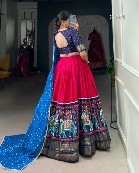 Person wearing a traditional blue and pink saree with elephant patterns, standing in a room.