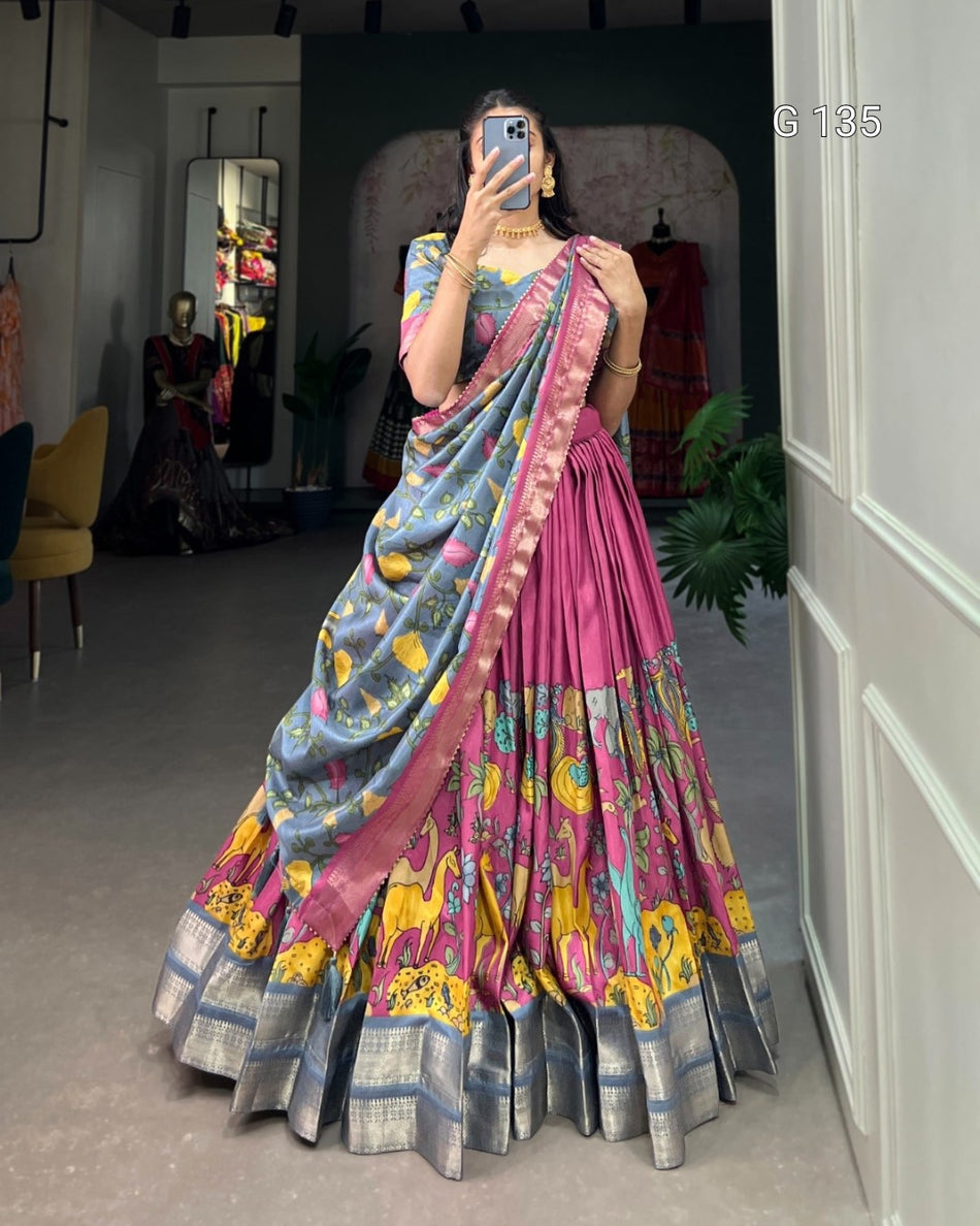 Dola Silk Kalamkari Printed Lehenga with Zari Weaving Border & Tassels – G 135