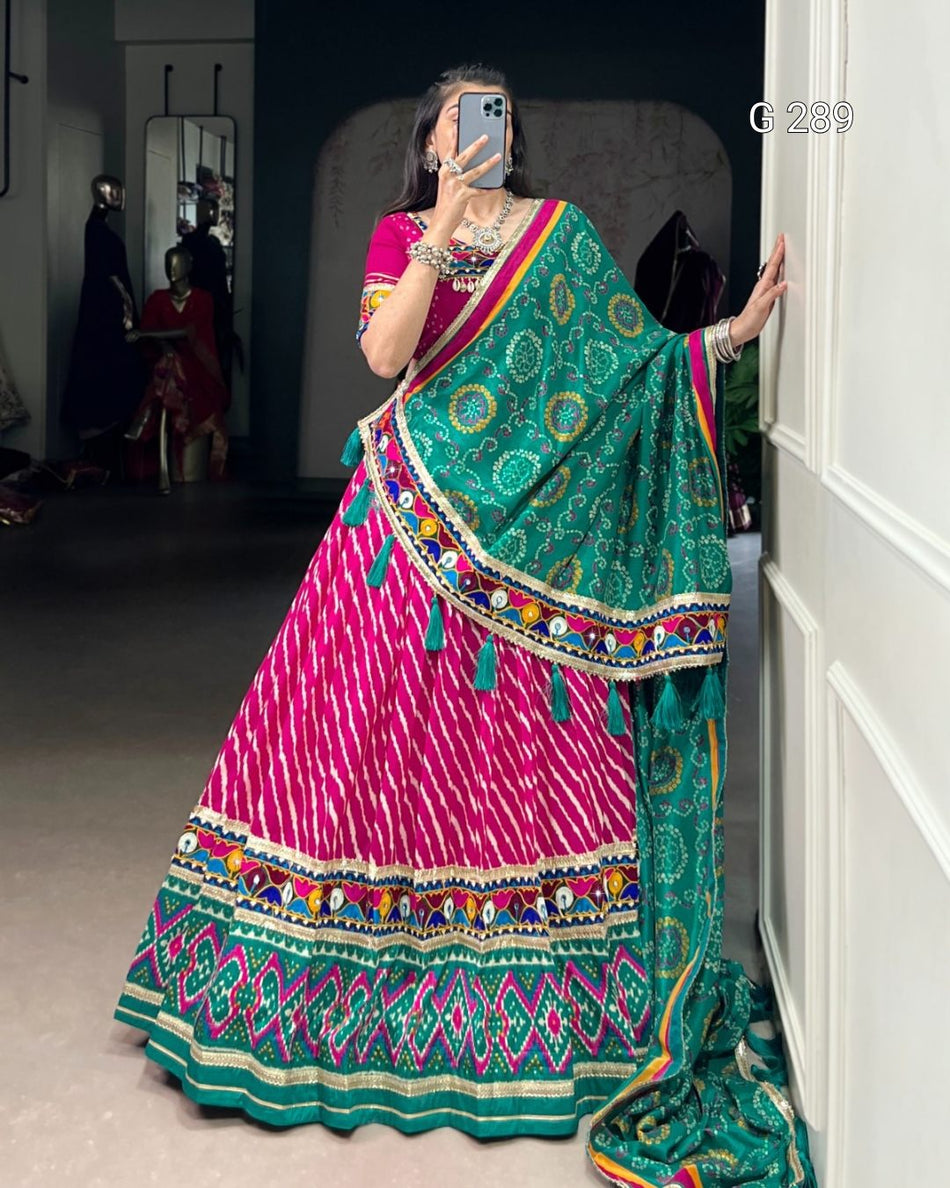 Leheriya Tussar Silk Lehenga with Patola Print Border & Mirror Gamthi Work – G 289