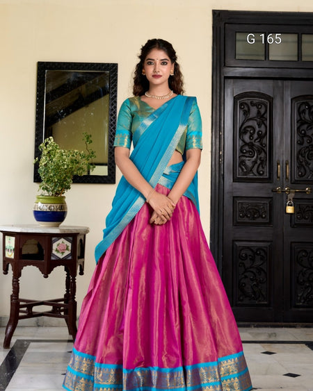 Woman in a blue and pink saree standing in a room with a mirror and decorative door.