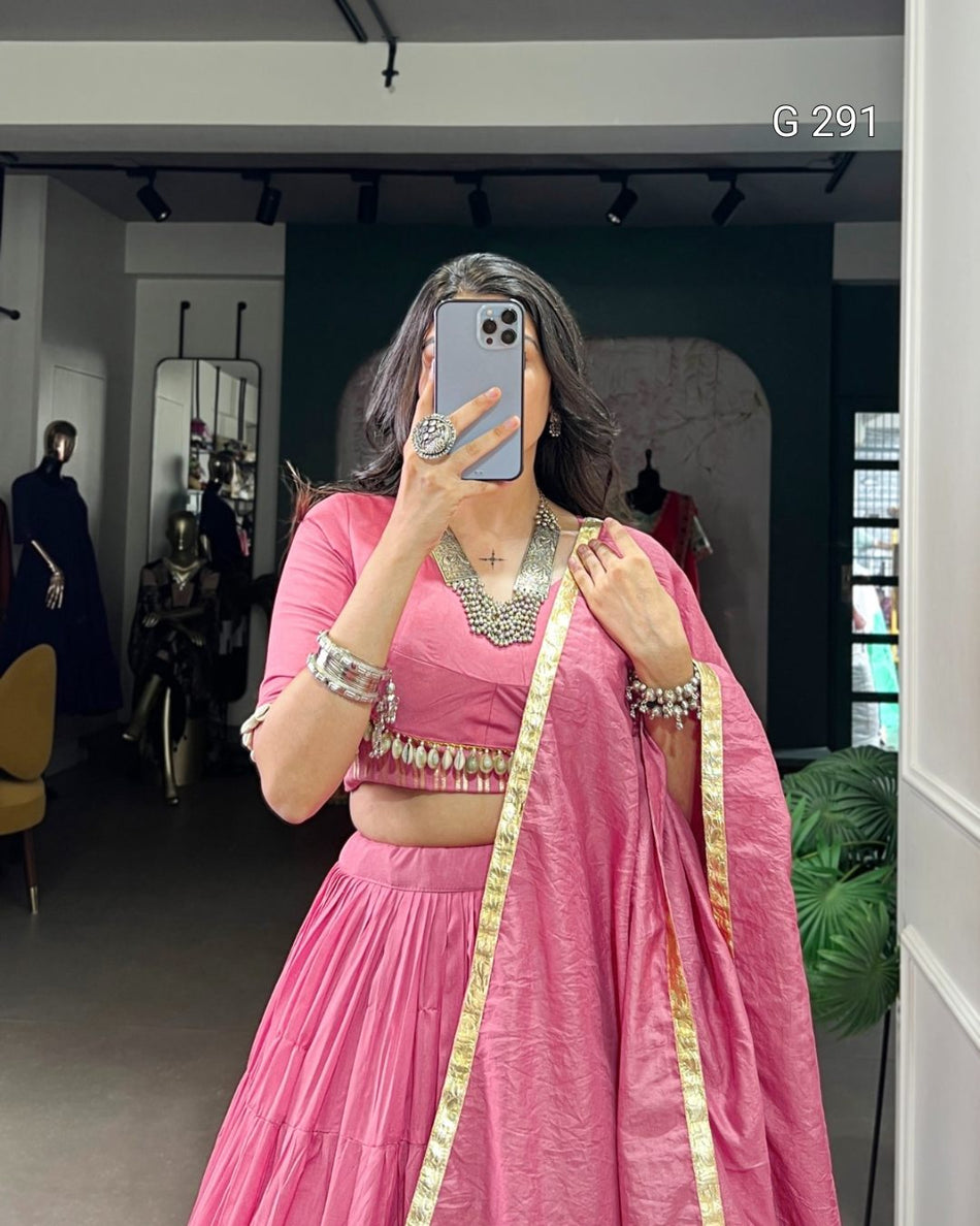 Plain Pure Chanderi Lehenga with Cowrie Lace Blouse & Embossed Dupatta – G 291