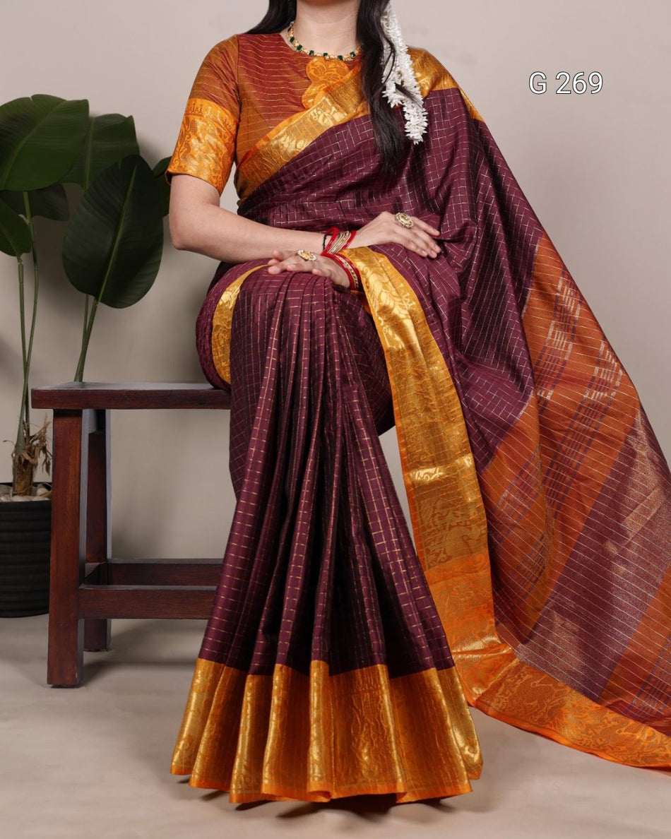 Chex Pattern Poly Cotton Saree with Zari Weaving – G 269
