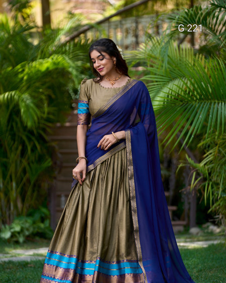 Woman wearing a blue and green saree with a green background