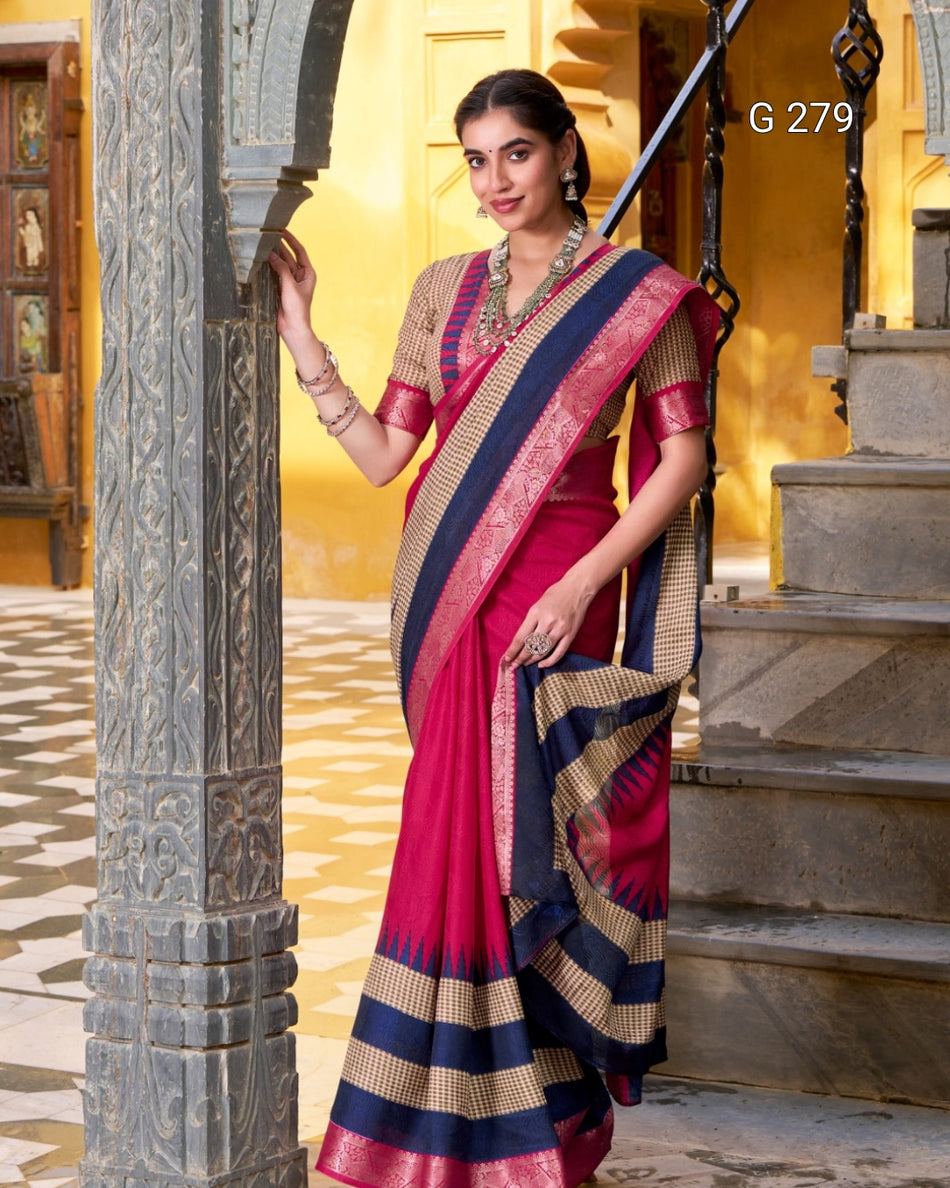 Poly Cotton Saree with Printed Zari Work Blouse – G 279