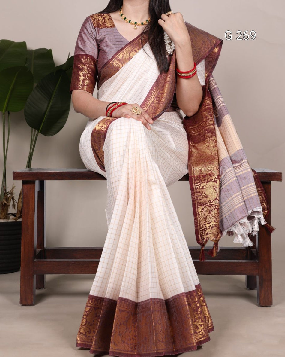 Chex Pattern Poly Cotton Saree with Zari Weaving – G 269
