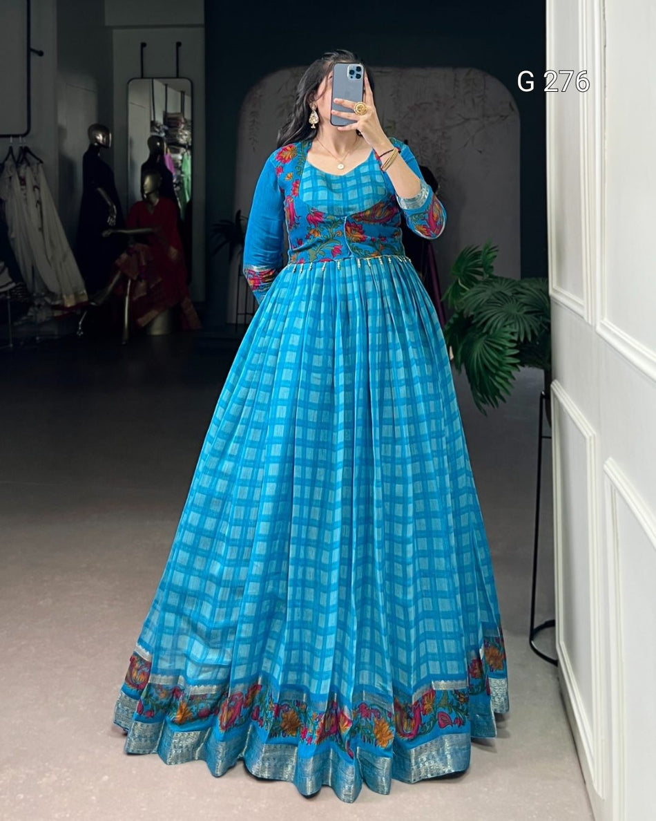 Designer Chanderi Gown with Printed Koti for Women – G 276