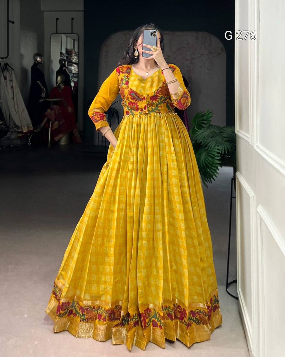 Designer Chanderi Gown with Printed Koti for Women – G 276