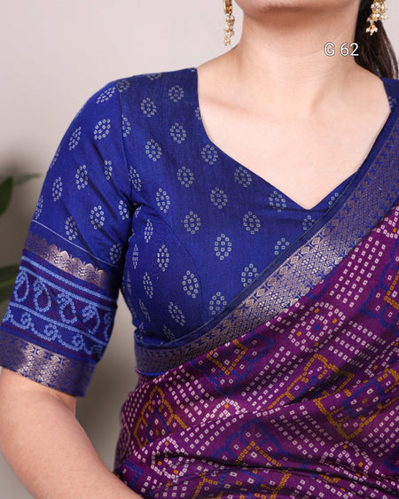 Blue and purple patterned blouse with a matching saree