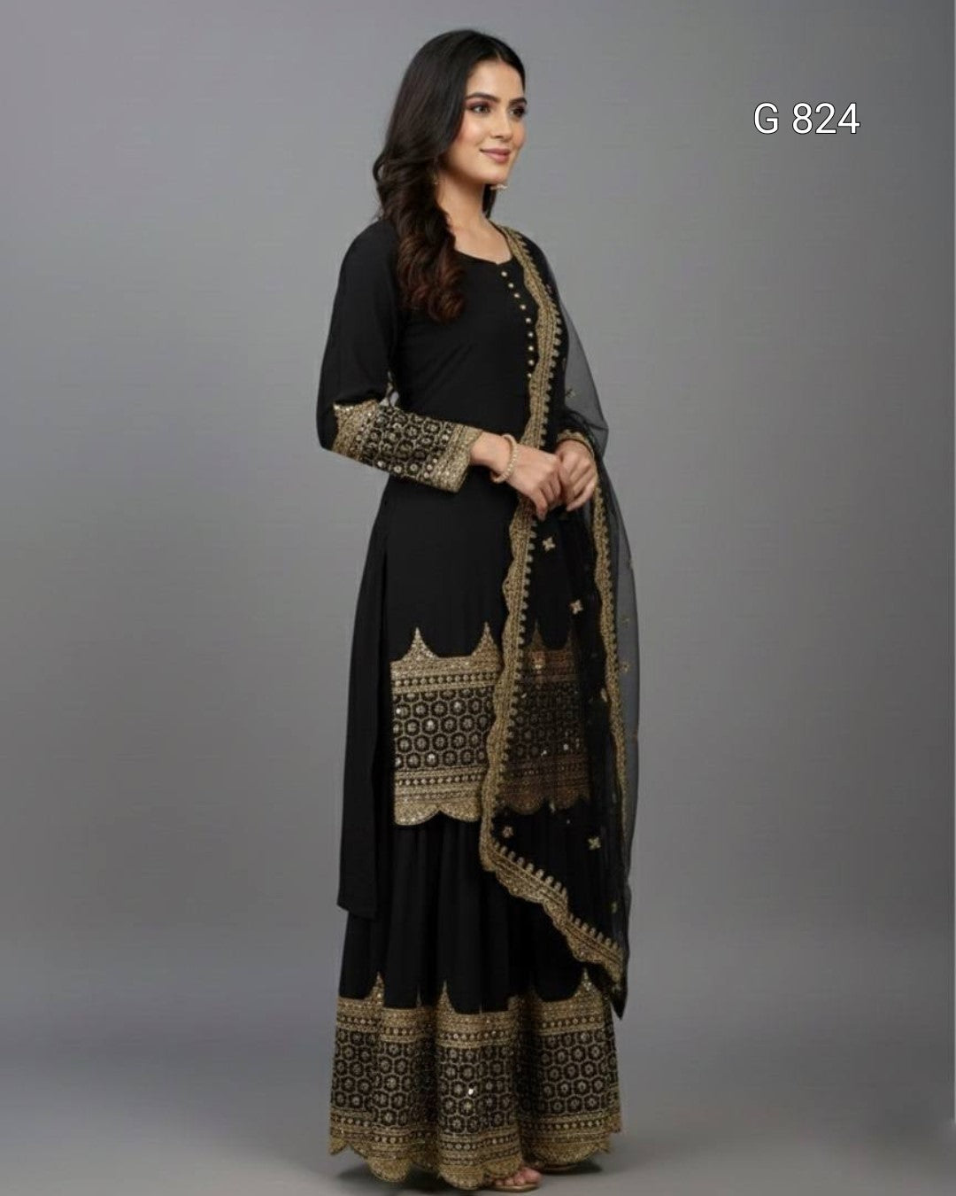 Woman wearing a black and gold traditional outfit on a gray background