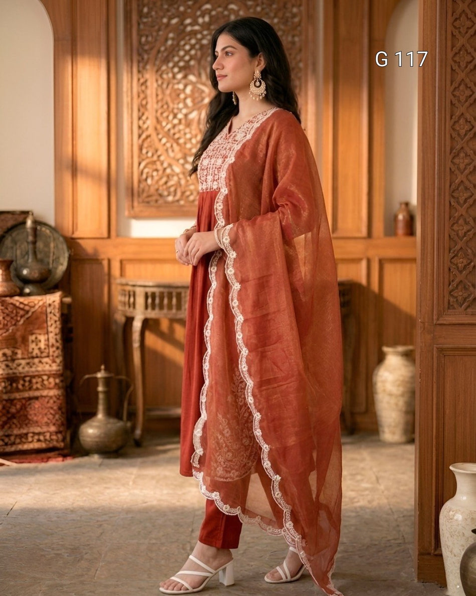 Rust Orange Maska Cotton Top with Sequins Embroidery & Plain Bottom Set - G 117