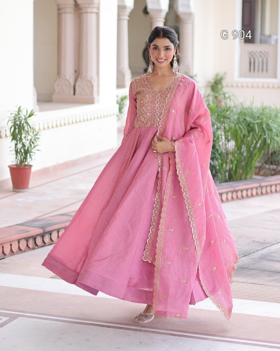 Premium Gold Crush Gown Dupatta Set - G 904